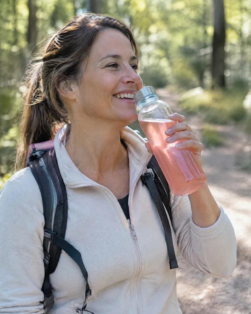 Femme qui boit à sa gourde pendant une balade en forêt