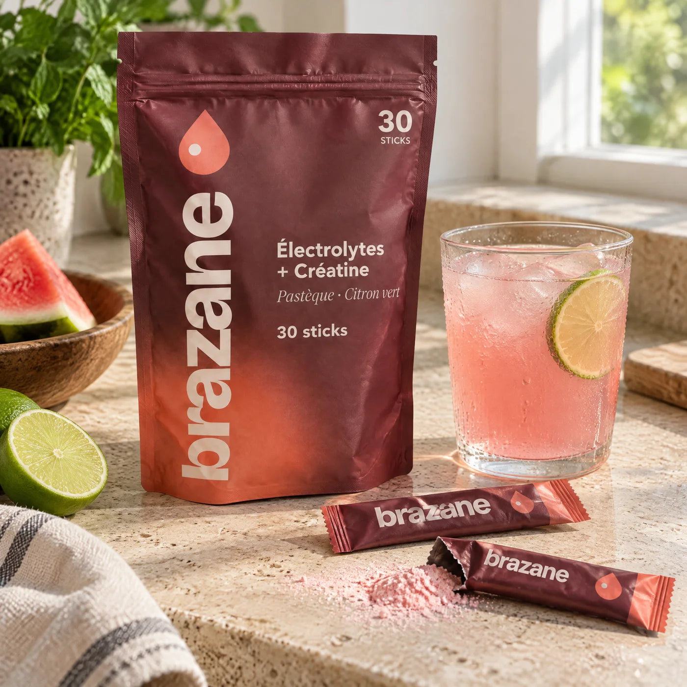 Sachet Brazane Électrolytes + Créatine, deux sticks et un verre de boisson pastèque–citron vert