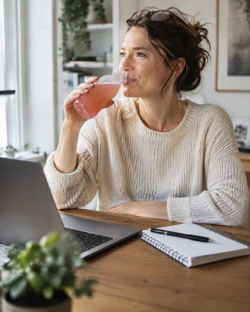 Femme qui boit une gorgée à son bureau