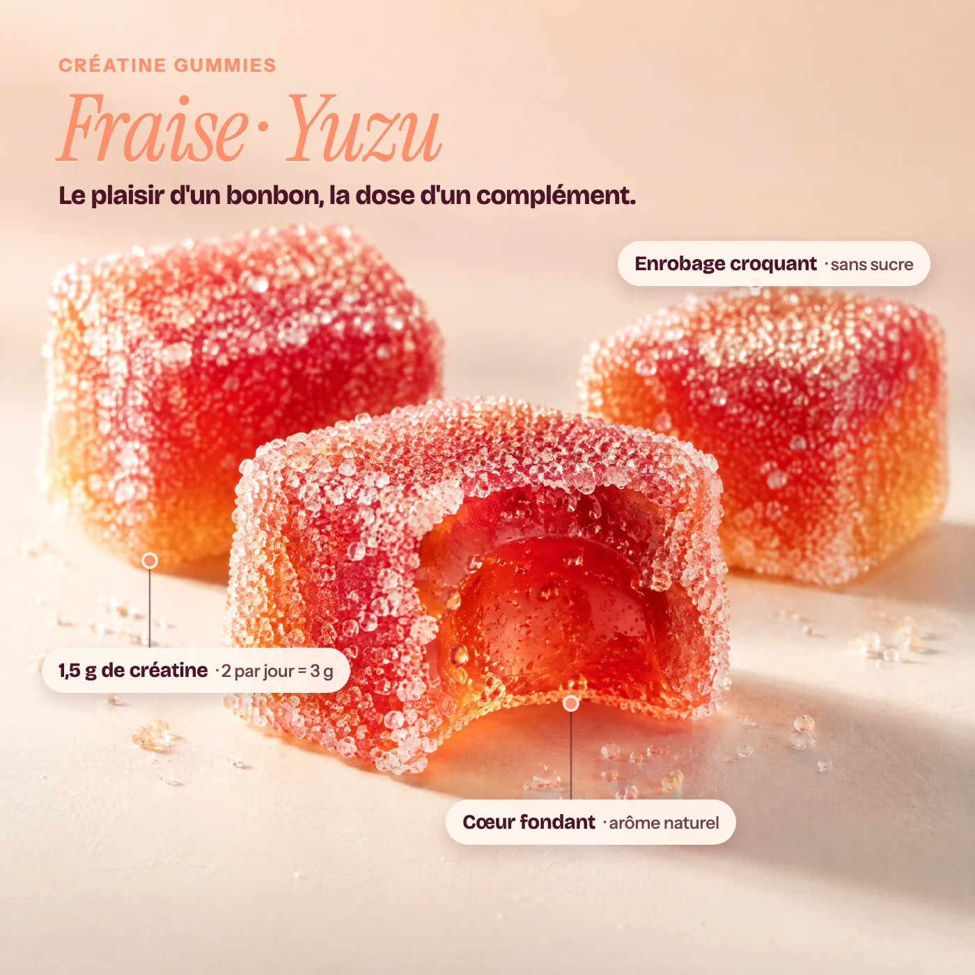 Gummies Fraise–Yuzu : enrobage croquant sans sucre, cœur fondant arôme naturel, 1,5 g de créatine par gummy