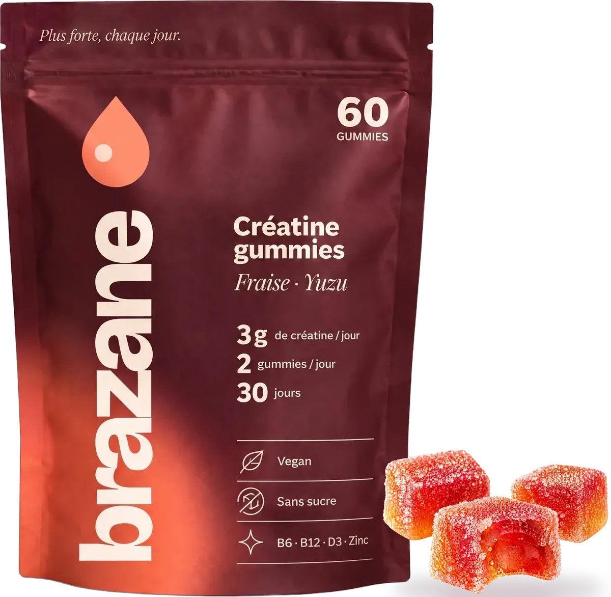 Sachet Brazane Créatine gummies Fraise–Yuzu avec trois gummies